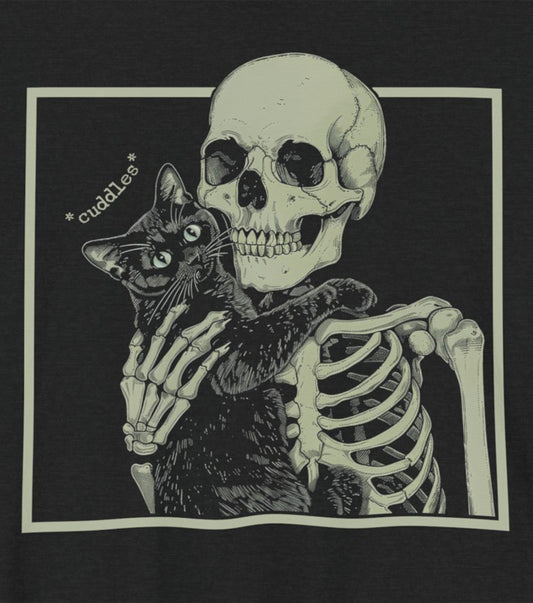 funny solid black blend cat cuddling skeleton mens t shirt nerdy Halloween tee close up