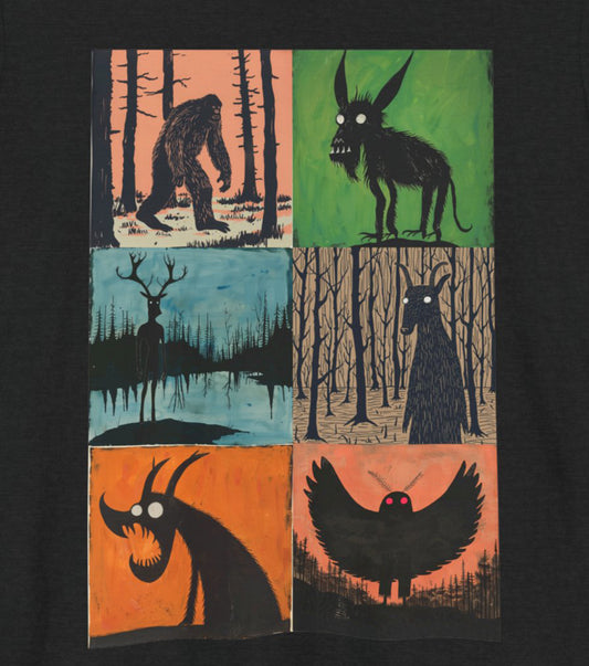 funny solid black blend bigfoot Chupacabra wendigo goatman jersey devil mothman mens t shirt nerdy cryptid tee close up