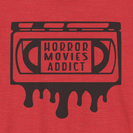 Funny heather red Horror Movie Addict Mens T Shirt Nerdy scary movie tee close up