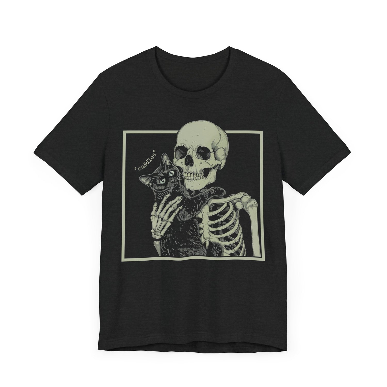 funny solid black blend cat cuddling skeleton mens t shirt nerdy Halloween tee