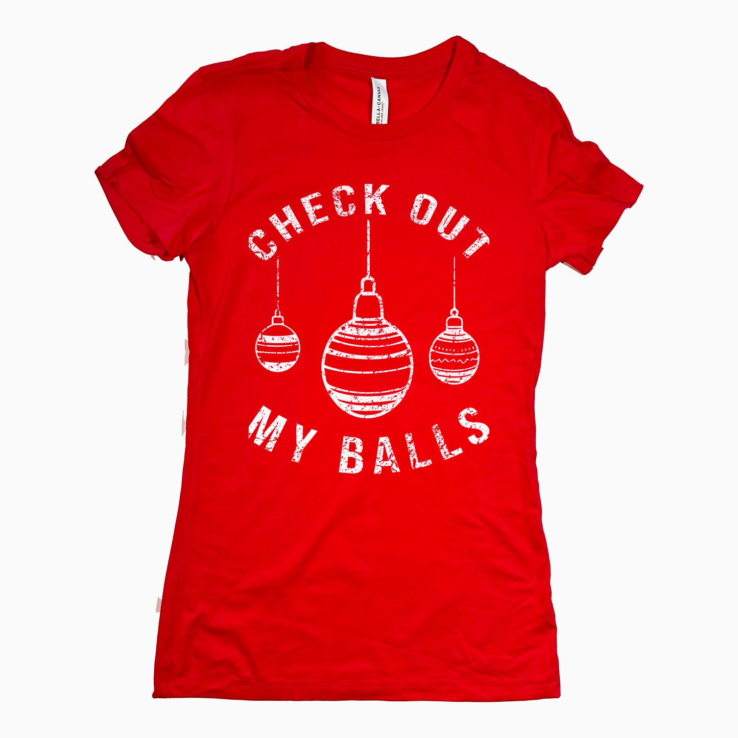 Funny Red Check Out My Balls Womens Tee Sarcastic Christmas Tee